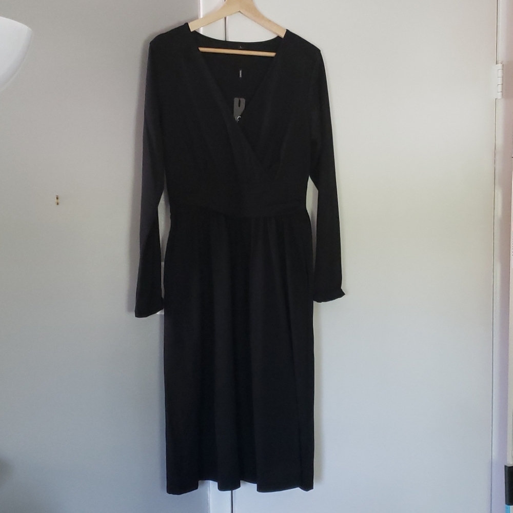 Surplice top black fit and flare dress